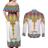Ethiopian Epiphany Couples Matching Off Shoulder Maxi Dress and Long Sleeve Button Shirt Cross Mix Tilet Pattern - Wonder Print Shop