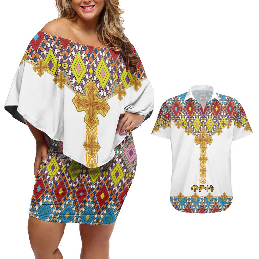 Ethiopian Epiphany Couples Matching Off Shoulder Short Dress and Hawaiian Shirt Cross Mix Tilet Pattern - Wonder Print Shop
