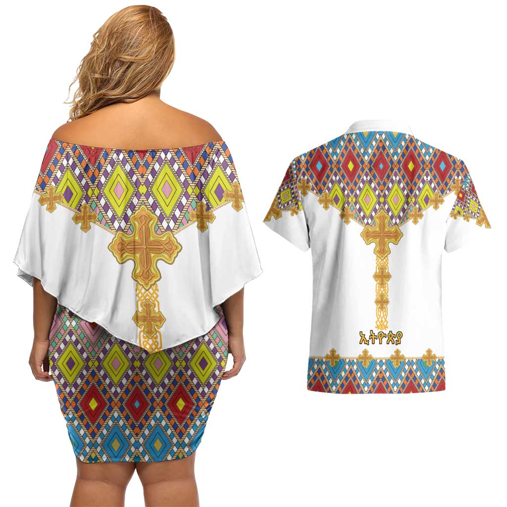 Ethiopian Epiphany Couples Matching Off Shoulder Short Dress and Hawaiian Shirt Cross Mix Tilet Pattern - Wonder Print Shop