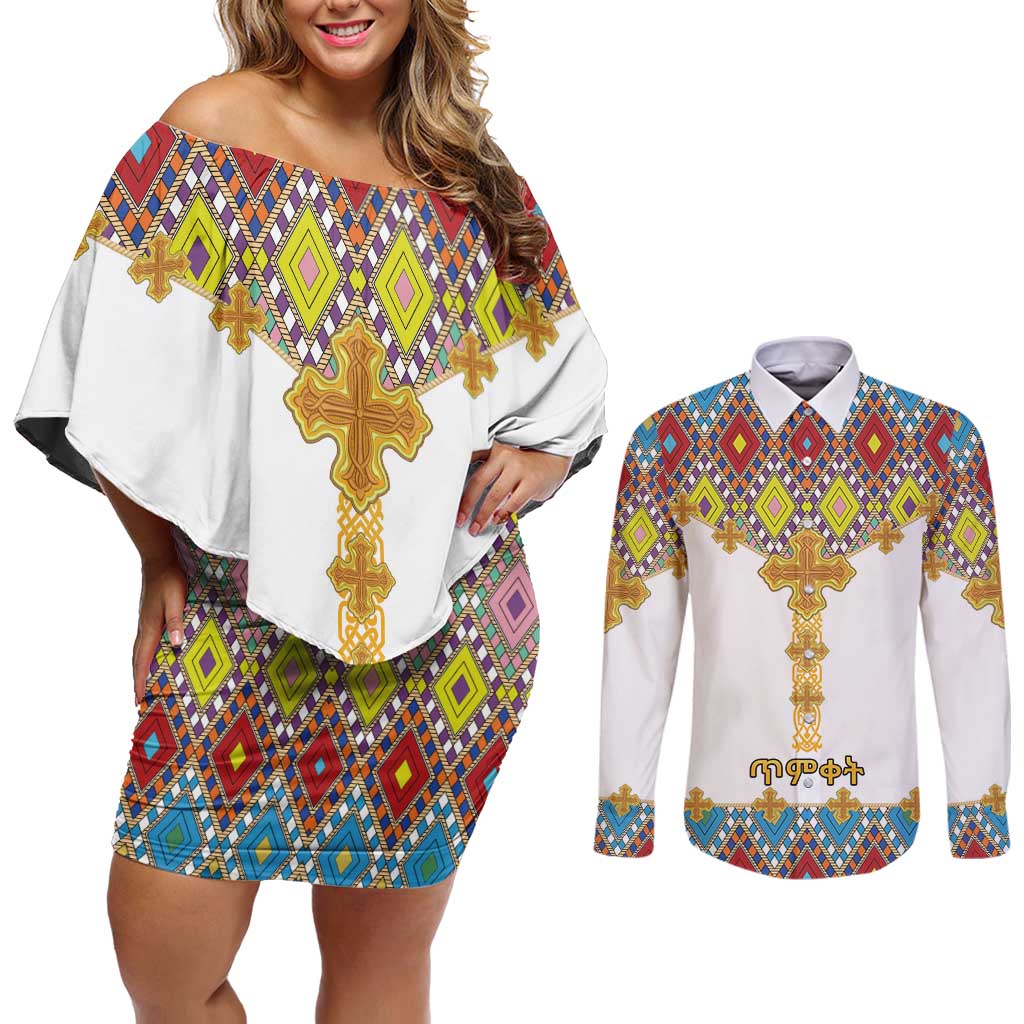 Ethiopian Epiphany Couples Matching Off Shoulder Short Dress and Long Sleeve Button Shirt Cross Mix Tilet Pattern - Wonder Print Shop