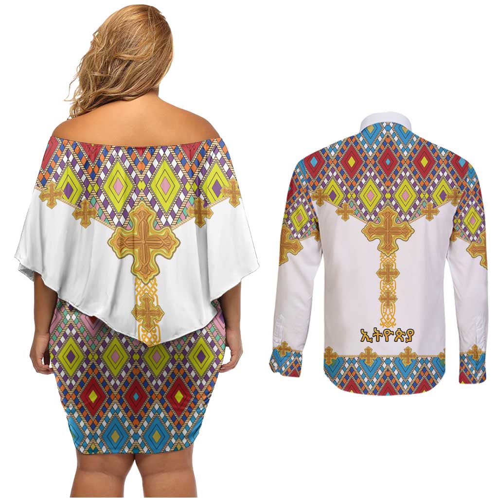 Ethiopian Epiphany Couples Matching Off Shoulder Short Dress and Long Sleeve Button Shirt Cross Mix Tilet Pattern - Wonder Print Shop