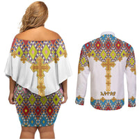 Ethiopian Epiphany Couples Matching Off Shoulder Short Dress and Long Sleeve Button Shirt Cross Mix Tilet Pattern - Wonder Print Shop