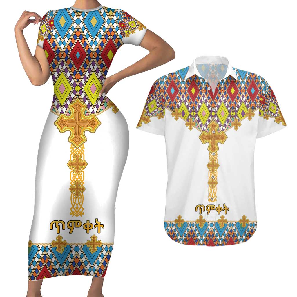 Ethiopian Epiphany Couples Matching Short Sleeve Bodycon Dress and Hawaiian Shirt Cross Mix Tilet Pattern - Wonder Print Shop