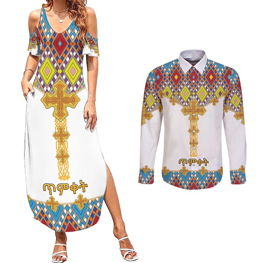 Ethiopian Epiphany Couples Matching Summer Maxi Dress and Long Sleeve Button Shirt Cross Mix Tilet Pattern - Wonder Print Shop