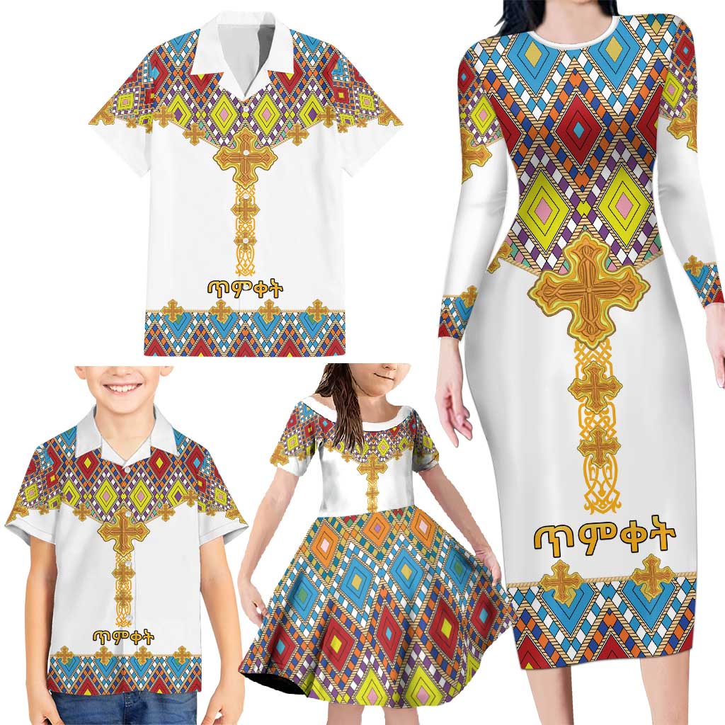 Ethiopian Epiphany Family Matching Long Sleeve Bodycon Dress and Hawaiian Shirt Cross Mix Tilet Pattern - Wonder Print Shop