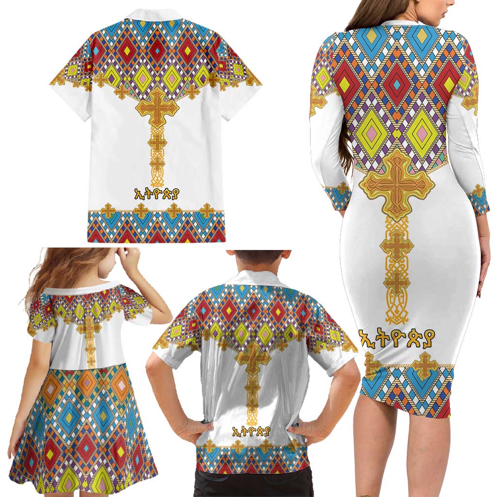 Ethiopian Epiphany Family Matching Long Sleeve Bodycon Dress and Hawaiian Shirt Cross Mix Tilet Pattern - Wonder Print Shop