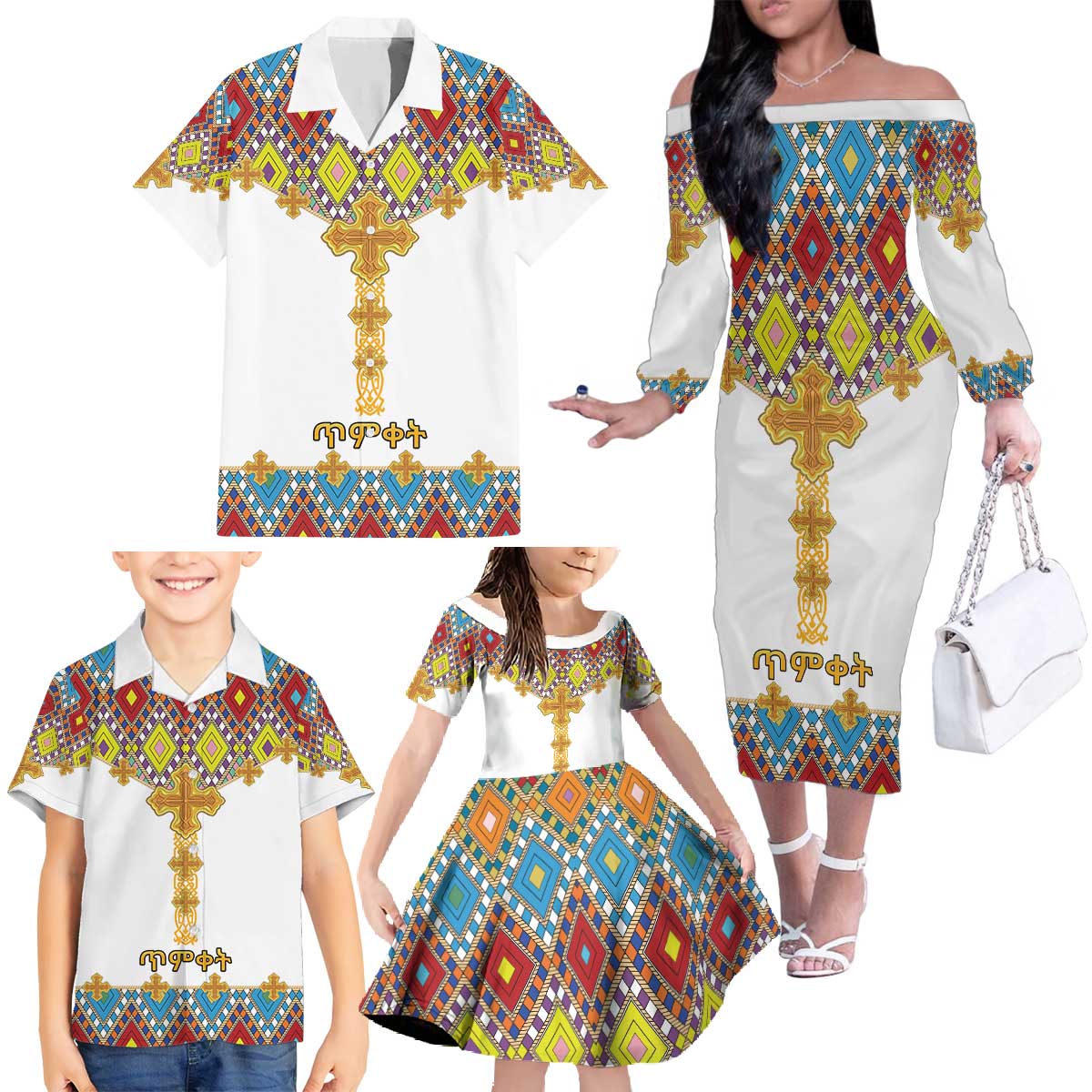 Ethiopian Epiphany Family Matching Off The Shoulder Long Sleeve Dress and Hawaiian Shirt Cross Mix Tilet Pattern - Wonder Print Shop