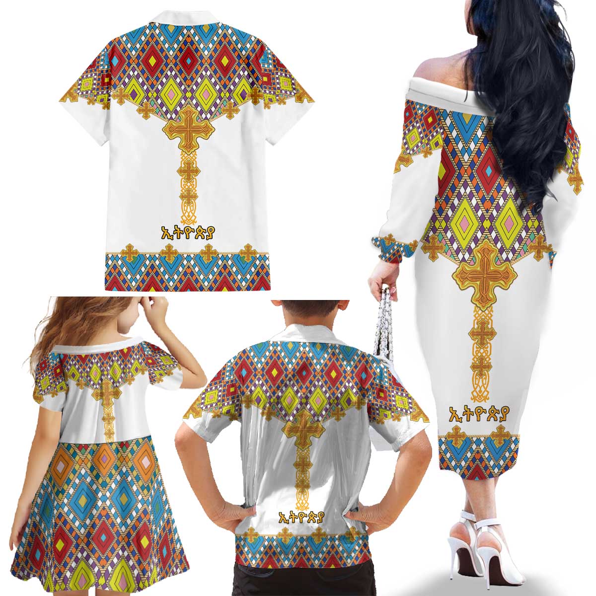 Ethiopian Epiphany Family Matching Off The Shoulder Long Sleeve Dress and Hawaiian Shirt Cross Mix Tilet Pattern - Wonder Print Shop