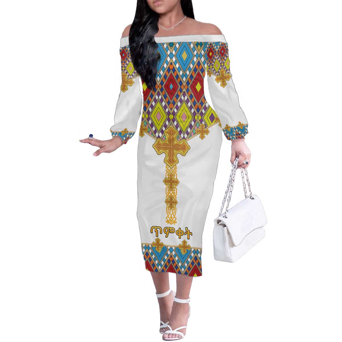 Ethiopian Epiphany Family Matching Off The Shoulder Long Sleeve Dress and Hawaiian Shirt Cross Mix Tilet Pattern - Wonder Print Shop