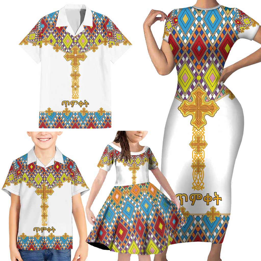 Ethiopian Epiphany Family Matching Short Sleeve Bodycon Dress and Hawaiian Shirt Cross Mix Tilet Pattern - Wonder Print Shop