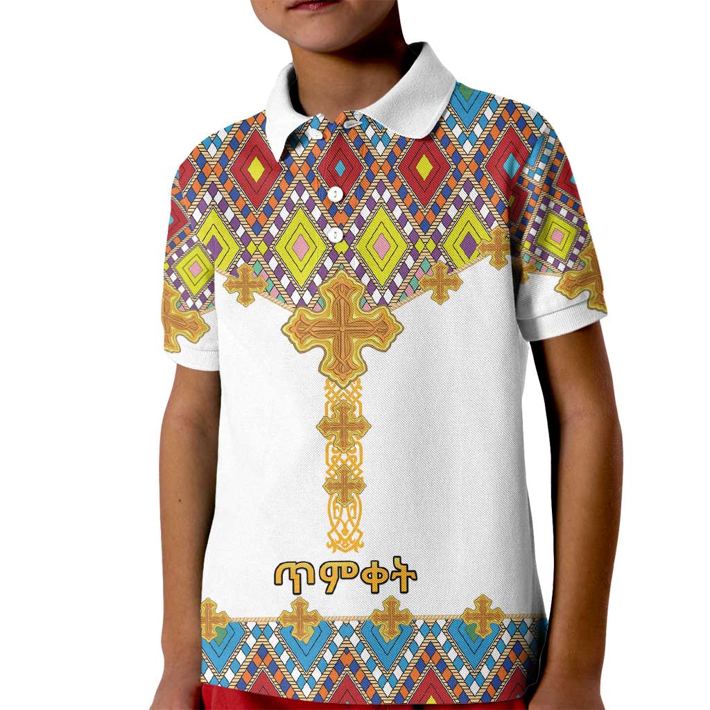 Ethiopian Epiphany Kid Polo Shirt Cross Mix Tilet Pattern - Wonder Print Shop