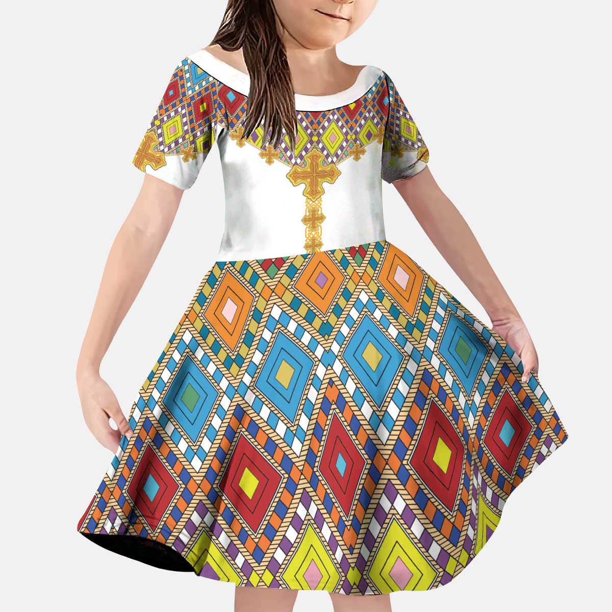 Ethiopian Epiphany Kid Short Sleeve Dress Cross Mix Tilet Pattern - Wonder Print Shop