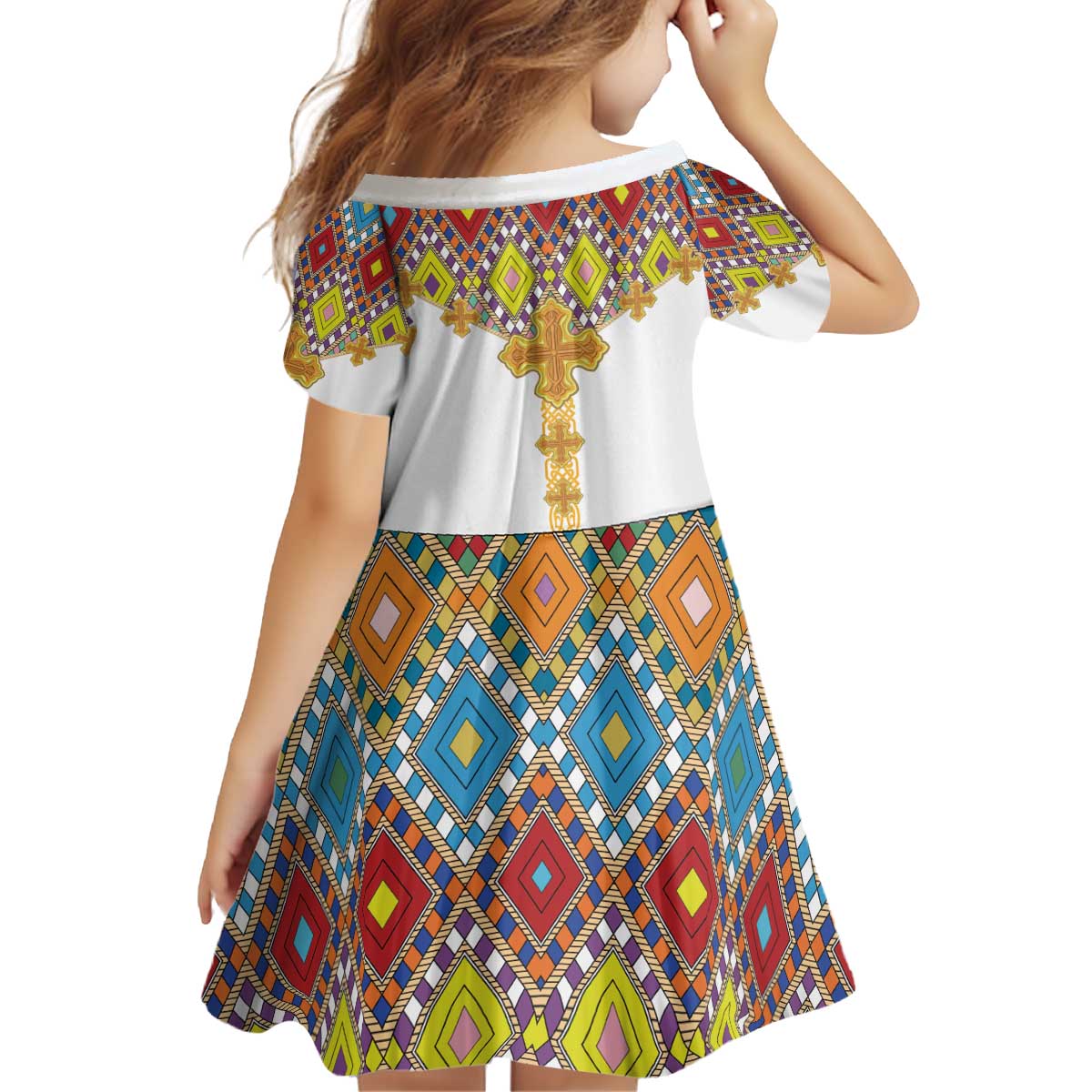 Ethiopian Epiphany Kid Short Sleeve Dress Cross Mix Tilet Pattern - Wonder Print Shop