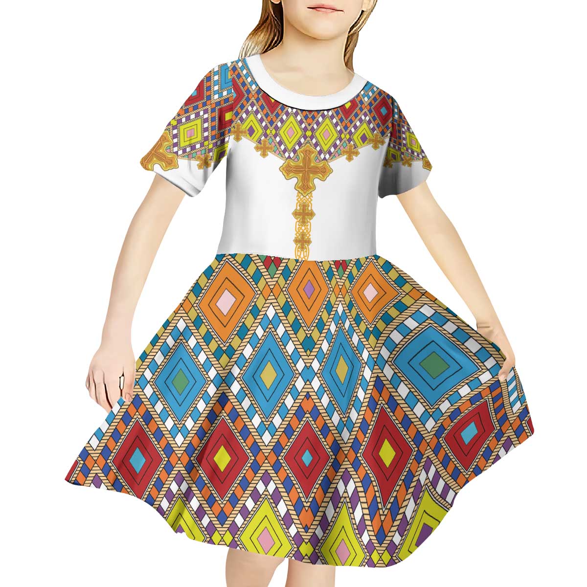 Ethiopian Epiphany Kid Short Sleeve Dress Cross Mix Tilet Pattern - Wonder Print Shop