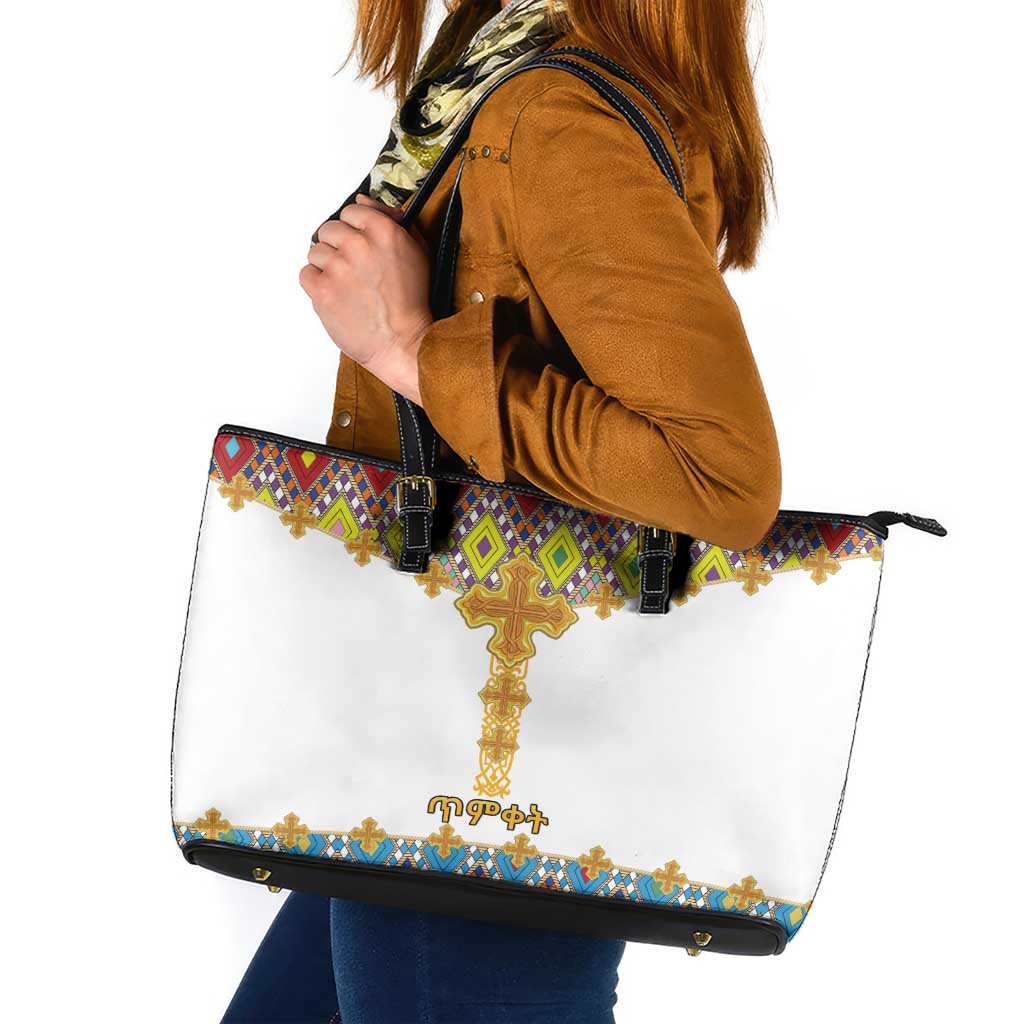 Ethiopian Epiphany Leather Tote Bag Cross Mix Tilet Pattern - Wonder Print Shop