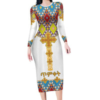 Ethiopian Epiphany Long Sleeve Bodycon Dress Cross Mix Tilet Pattern - Wonder Print Shop