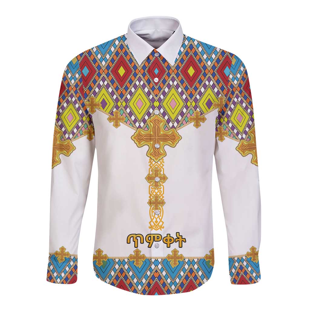 Ethiopian Epiphany Long Sleeve Button Shirt Cross Mix Tilet Pattern - Wonder Print Shop