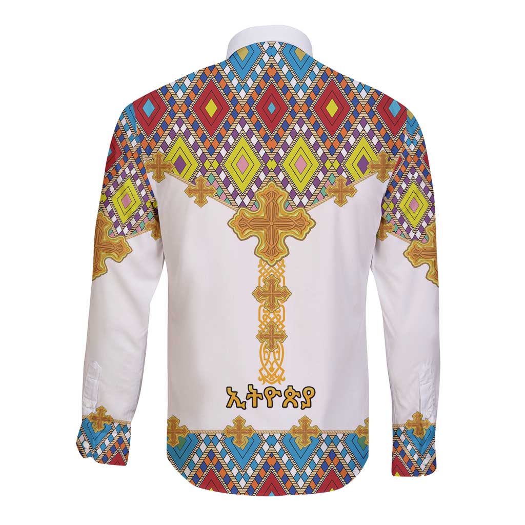 Ethiopian Epiphany Long Sleeve Button Shirt Cross Mix Tilet Pattern - Wonder Print Shop
