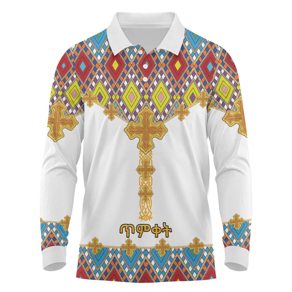 Ethiopian Epiphany Long Sleeve Polo Shirt Cross Mix Tilet Pattern - Wonder Print Shop