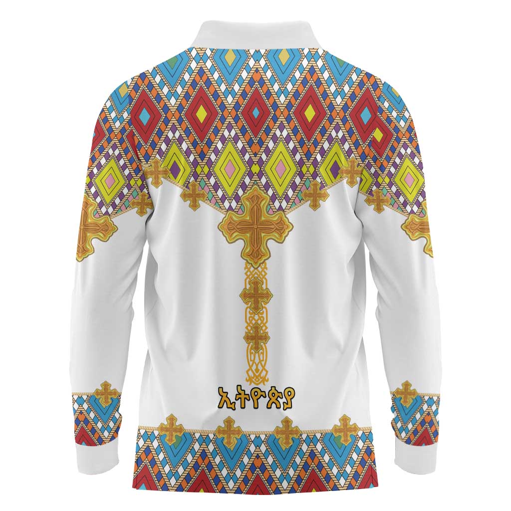 Ethiopian Epiphany Long Sleeve Polo Shirt Cross Mix Tilet Pattern - Wonder Print Shop