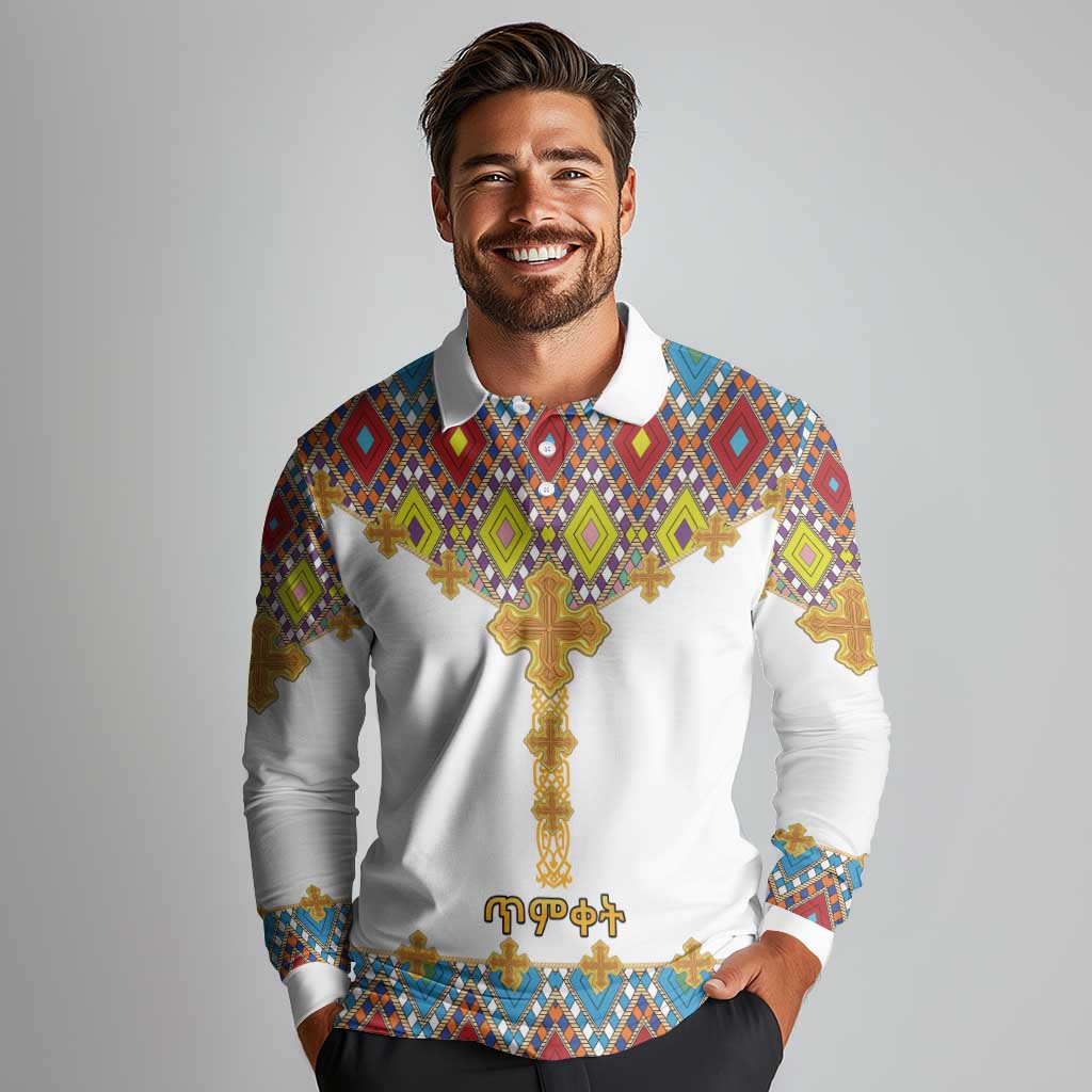Ethiopian Epiphany Long Sleeve Polo Shirt Cross Mix Tilet Pattern - Wonder Print Shop