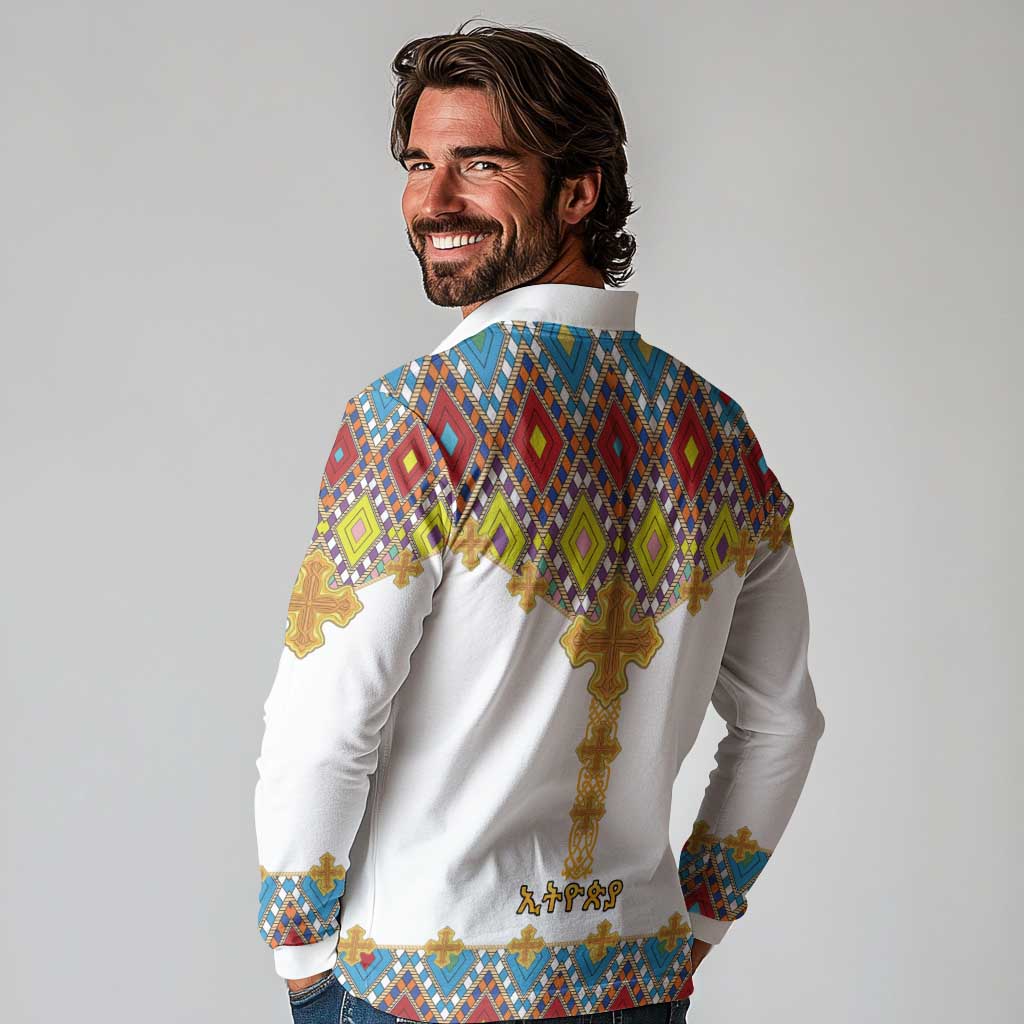 Ethiopian Epiphany Long Sleeve Polo Shirt Cross Mix Tilet Pattern - Wonder Print Shop
