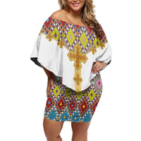 Ethiopian Epiphany Off Shoulder Short Dress Cross Mix Tilet Pattern - Wonder Print Shop