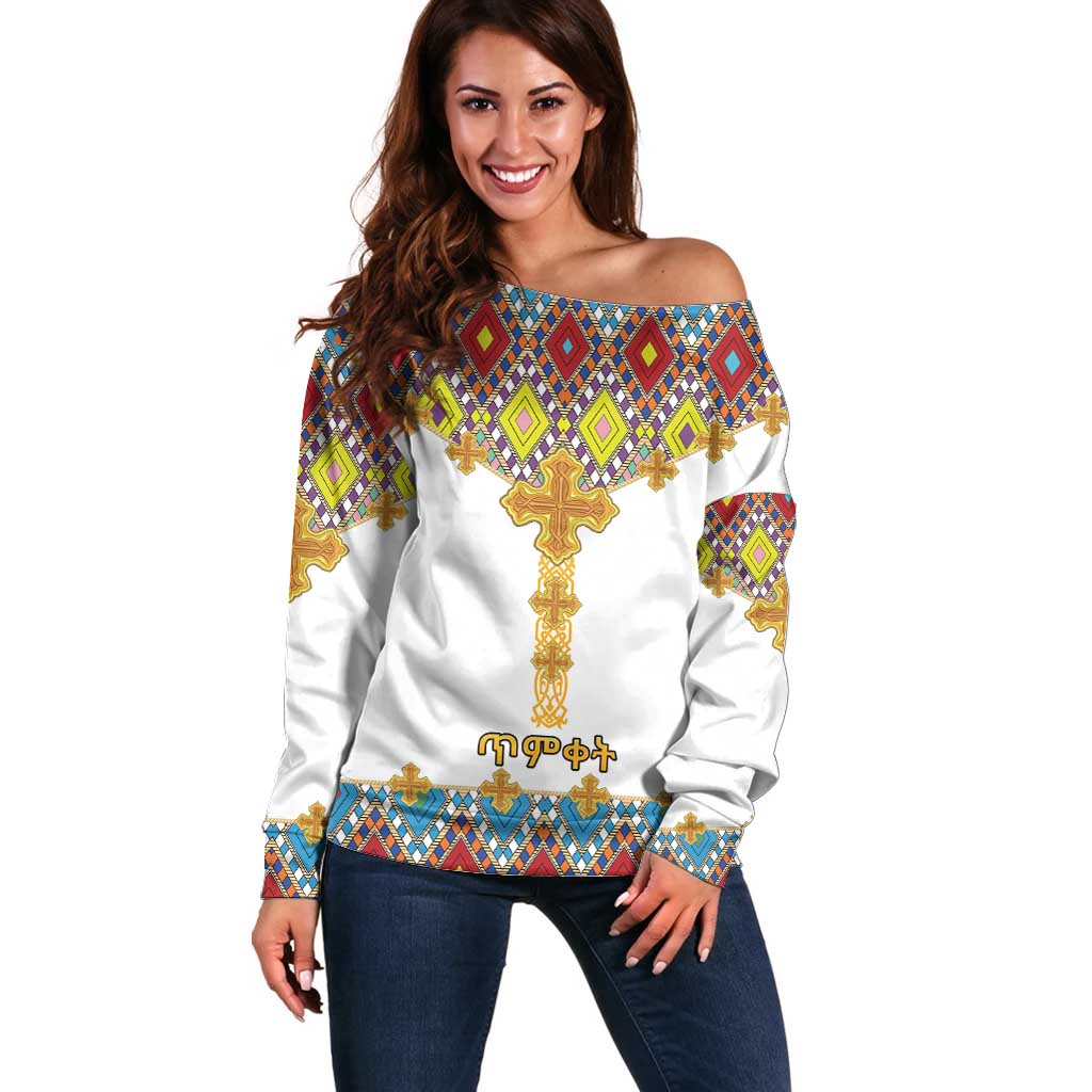 Ethiopian Epiphany Off Shoulder Sweater Cross Mix Tilet Pattern - Wonder Print Shop