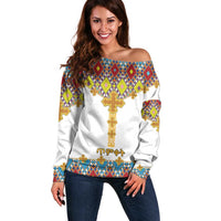 Ethiopian Epiphany Off Shoulder Sweater Cross Mix Tilet Pattern - Wonder Print Shop