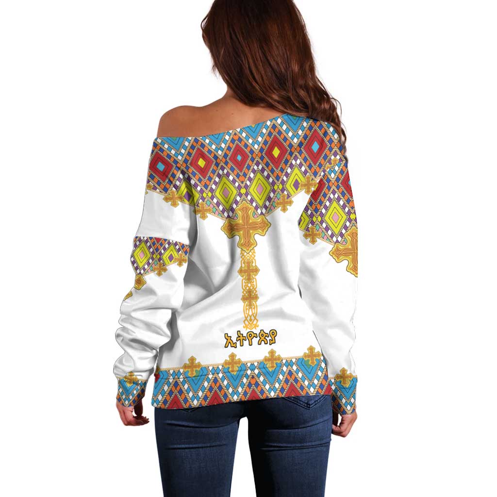 Ethiopian Epiphany Off Shoulder Sweater Cross Mix Tilet Pattern - Wonder Print Shop