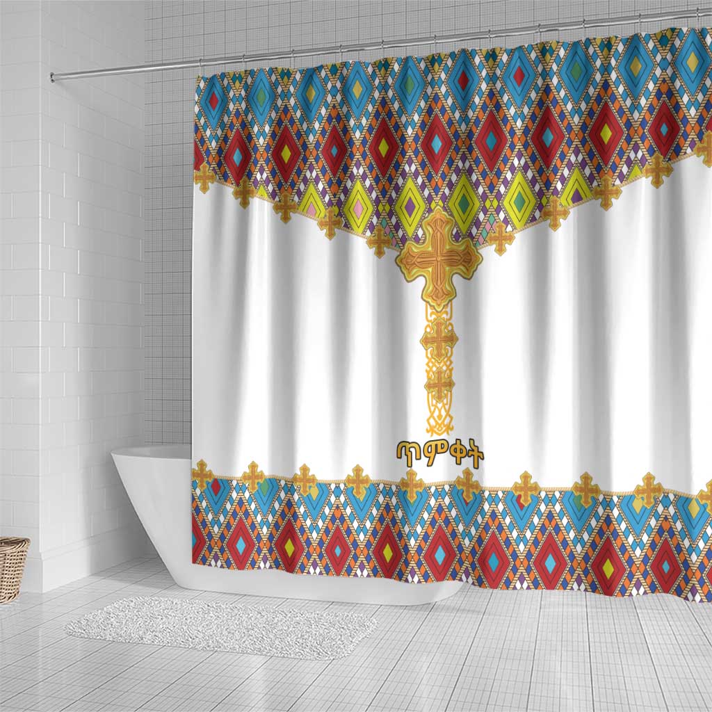Ethiopian Epiphany Shower Curtain Cross Mix Tilet Pattern