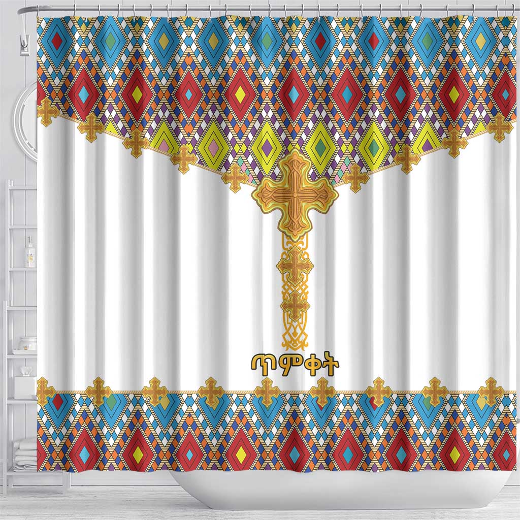 Ethiopian Epiphany Shower Curtain Cross Mix Tilet Pattern