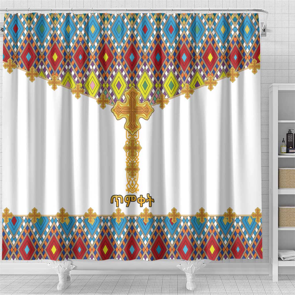 Ethiopian Epiphany Shower Curtain Cross Mix Tilet Pattern