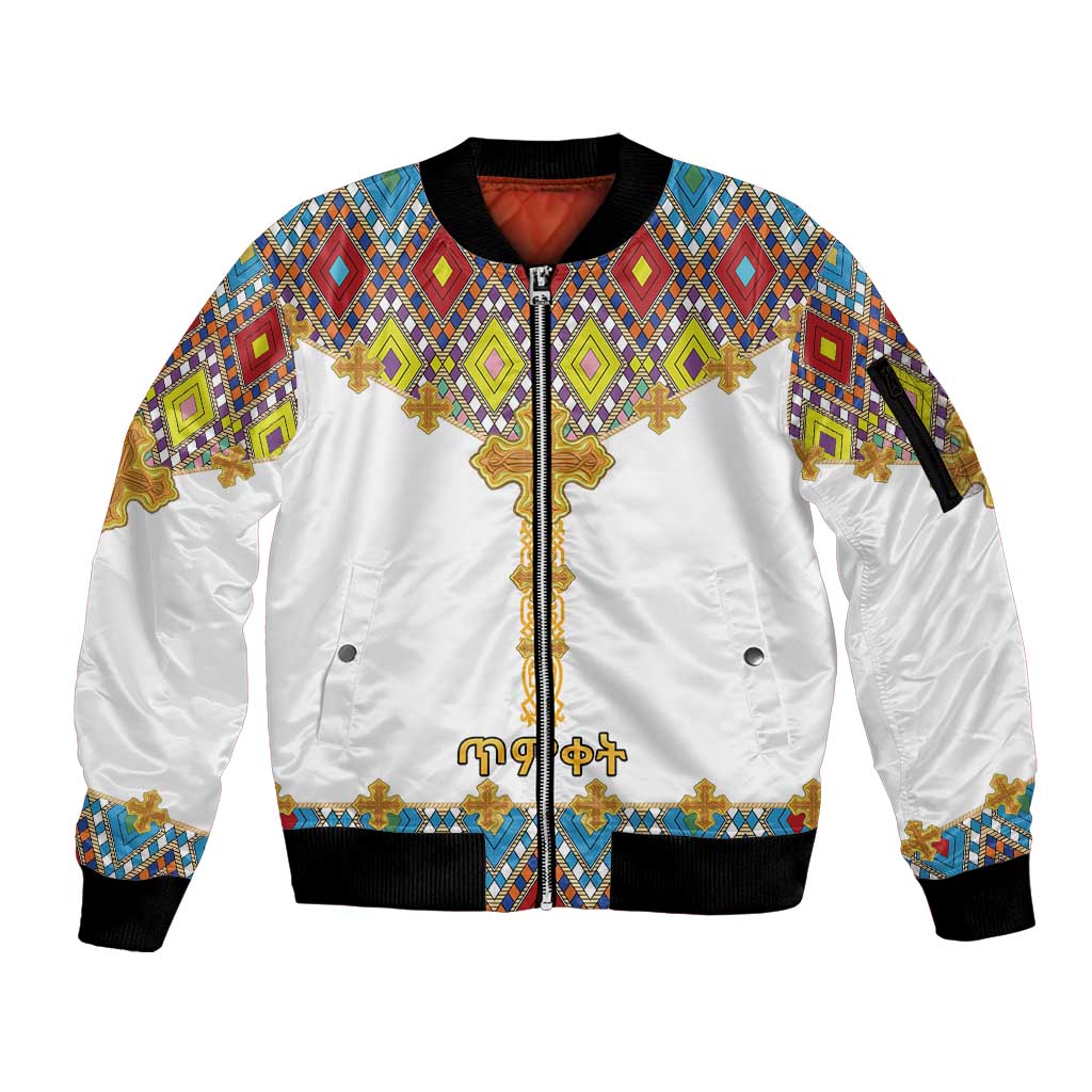 Ethiopian Epiphany Sleeve Zip Bomber Jacket Cross Mix Tilet Pattern - Wonder Print Shop