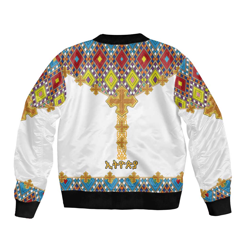 Ethiopian Epiphany Sleeve Zip Bomber Jacket Cross Mix Tilet Pattern - Wonder Print Shop
