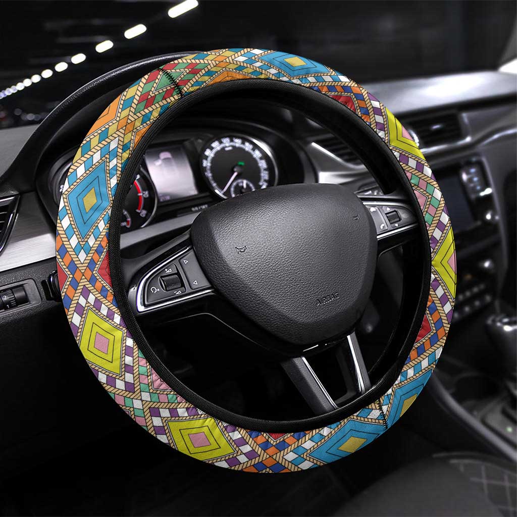 Ethiopian Epiphany Steering Wheel Cover Cross Mix Tilet Pattern - Wonder Print Shop