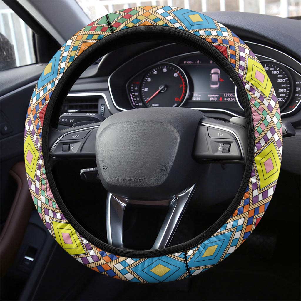 Ethiopian Epiphany Steering Wheel Cover Cross Mix Tilet Pattern - Wonder Print Shop