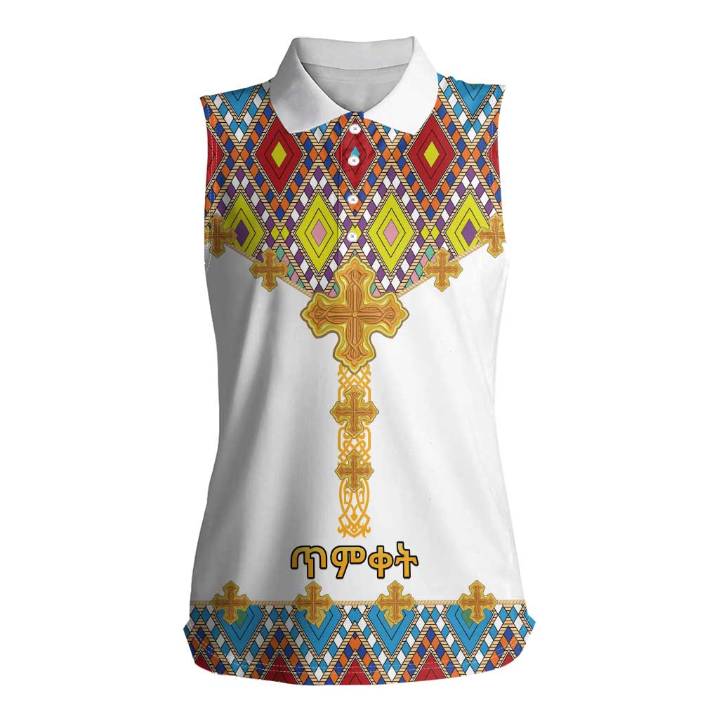 Ethiopian Epiphany Women Sleeveless Polo Shirt Cross Mix Tilet Pattern - Wonder Print Shop