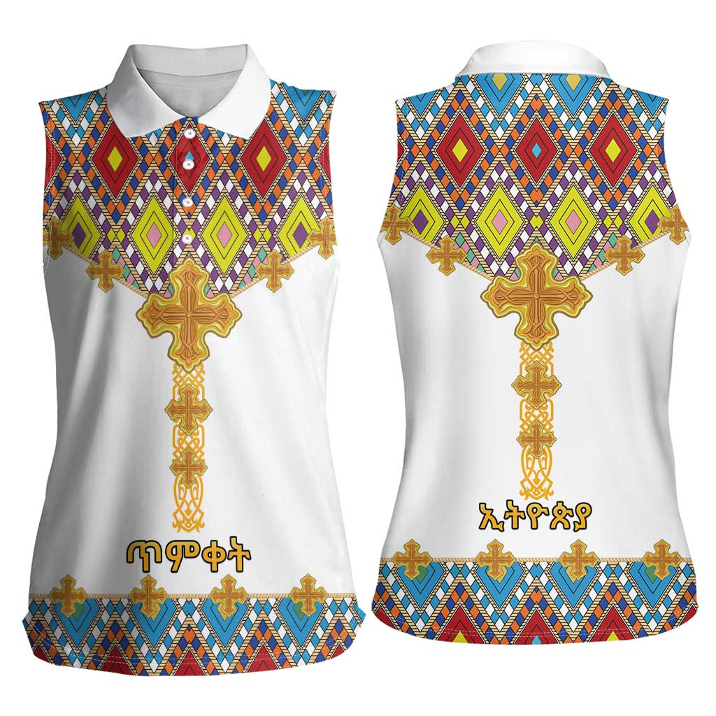 Ethiopian Epiphany Women Sleeveless Polo Shirt Cross Mix Tilet Pattern - Wonder Print Shop