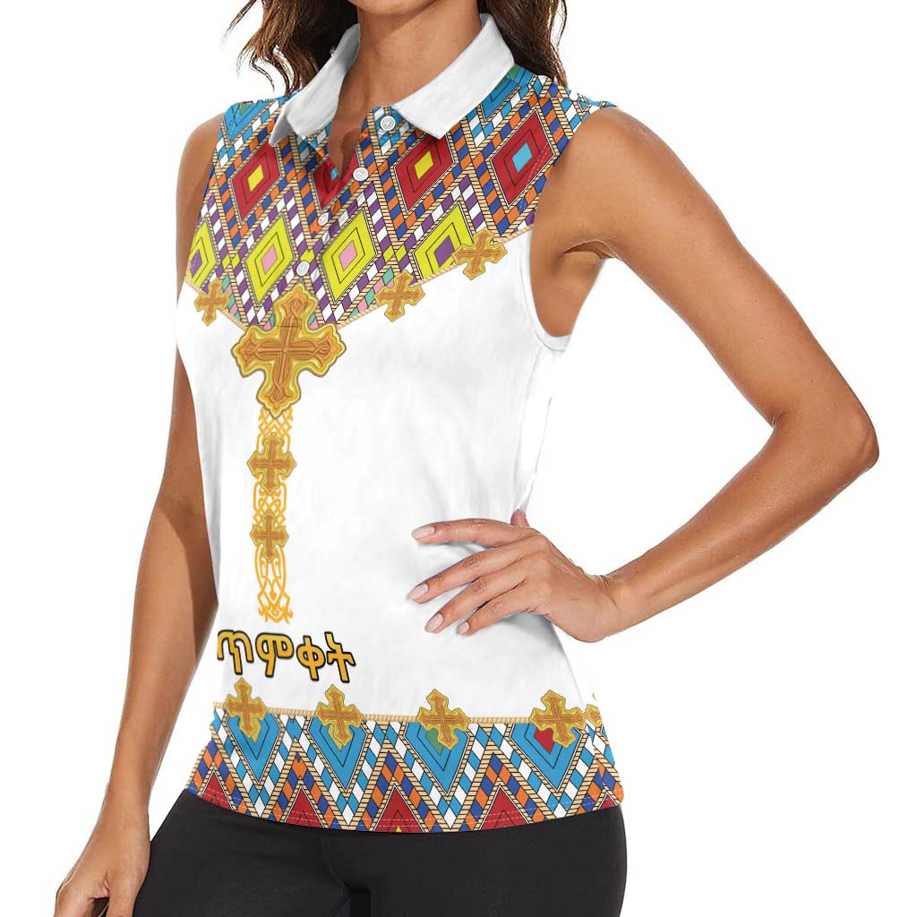 Ethiopian Epiphany Women Sleeveless Polo Shirt Cross Mix Tilet Pattern - Wonder Print Shop