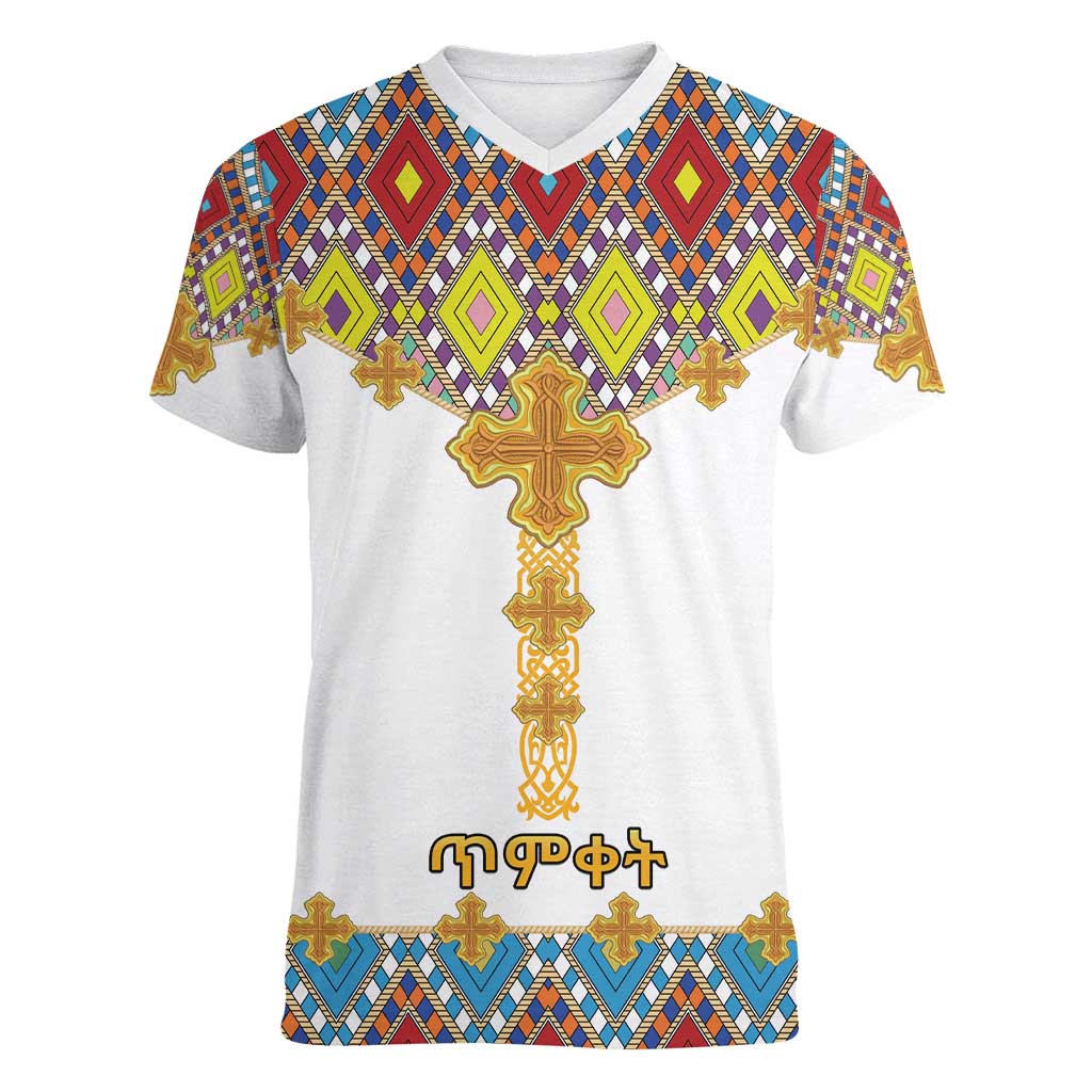 Ethiopian Epiphany Women V-Neck T-Shirt Cross Mix Tilet Pattern - Wonder Print Shop