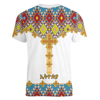 Ethiopian Epiphany Women V-Neck T-Shirt Cross Mix Tilet Pattern - Wonder Print Shop