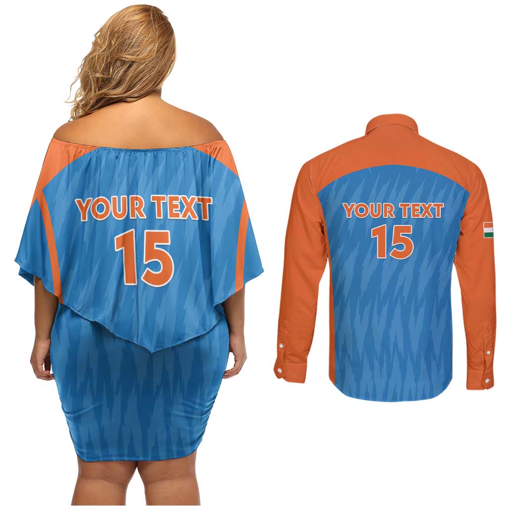 Custom India Cricket Couples Matching Off Shoulder Short Dress and Long Sleeve Button Shirt Go Men in Blue - Wonder Print Shop