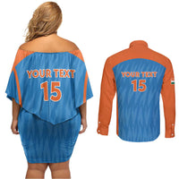 Custom India Cricket Couples Matching Off Shoulder Short Dress and Long Sleeve Button Shirt Go Men in Blue - Wonder Print Shop