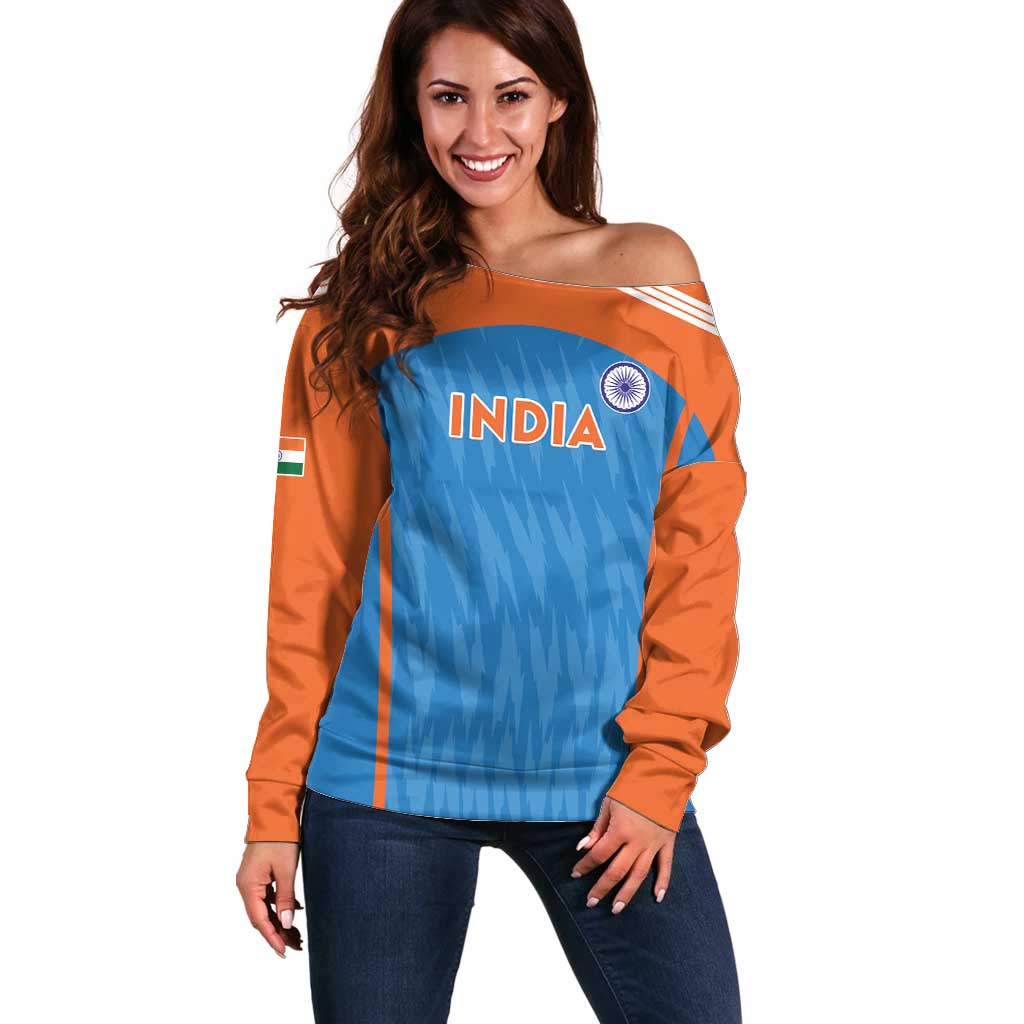 Custom India Cricket Off Shoulder Sweater Go Men in Blue - Wonder Print Shop