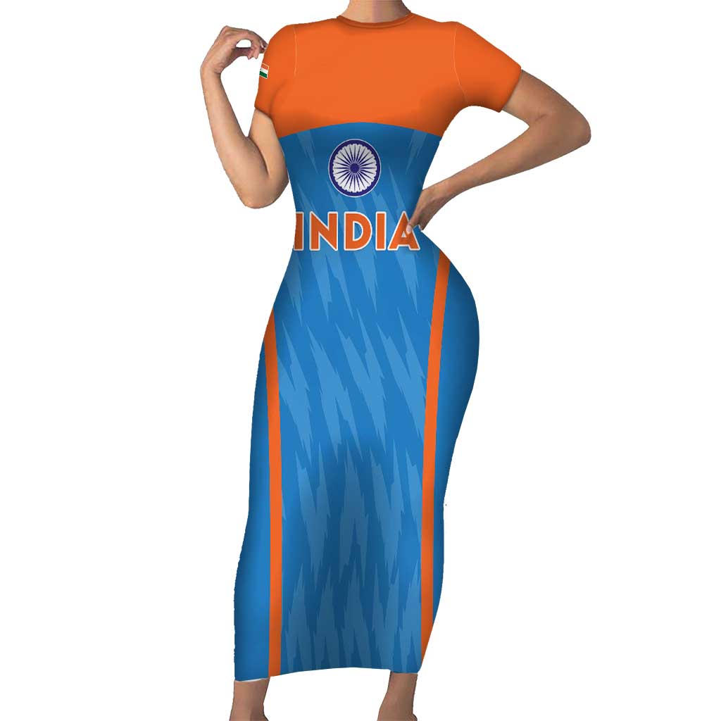 Custom India Cricket Short Sleeve Bodycon Dress Go Men in Blue - Wonder Print Shop