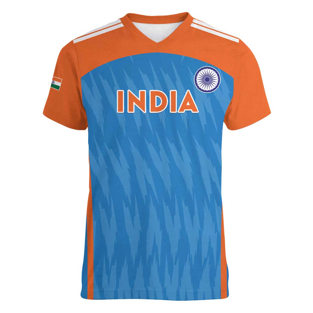 Custom India Cricket Women V-Neck T-Shirt Go Men in Blue - Wonder Print Shop