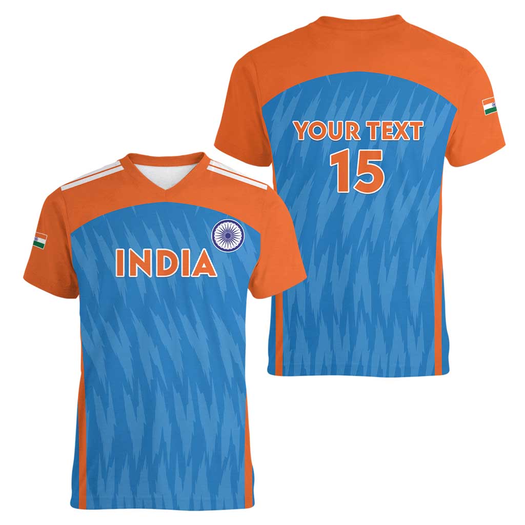 Custom India Cricket Women V-Neck T-Shirt Go Men in Blue - Wonder Print Shop