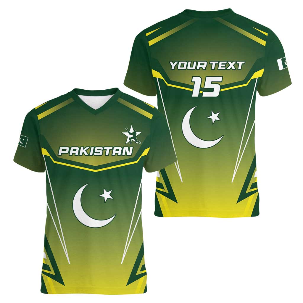 Custom Pakistan Cricket Women V-Neck T-Shirt Go Shaheens - Wonder Print Shop
