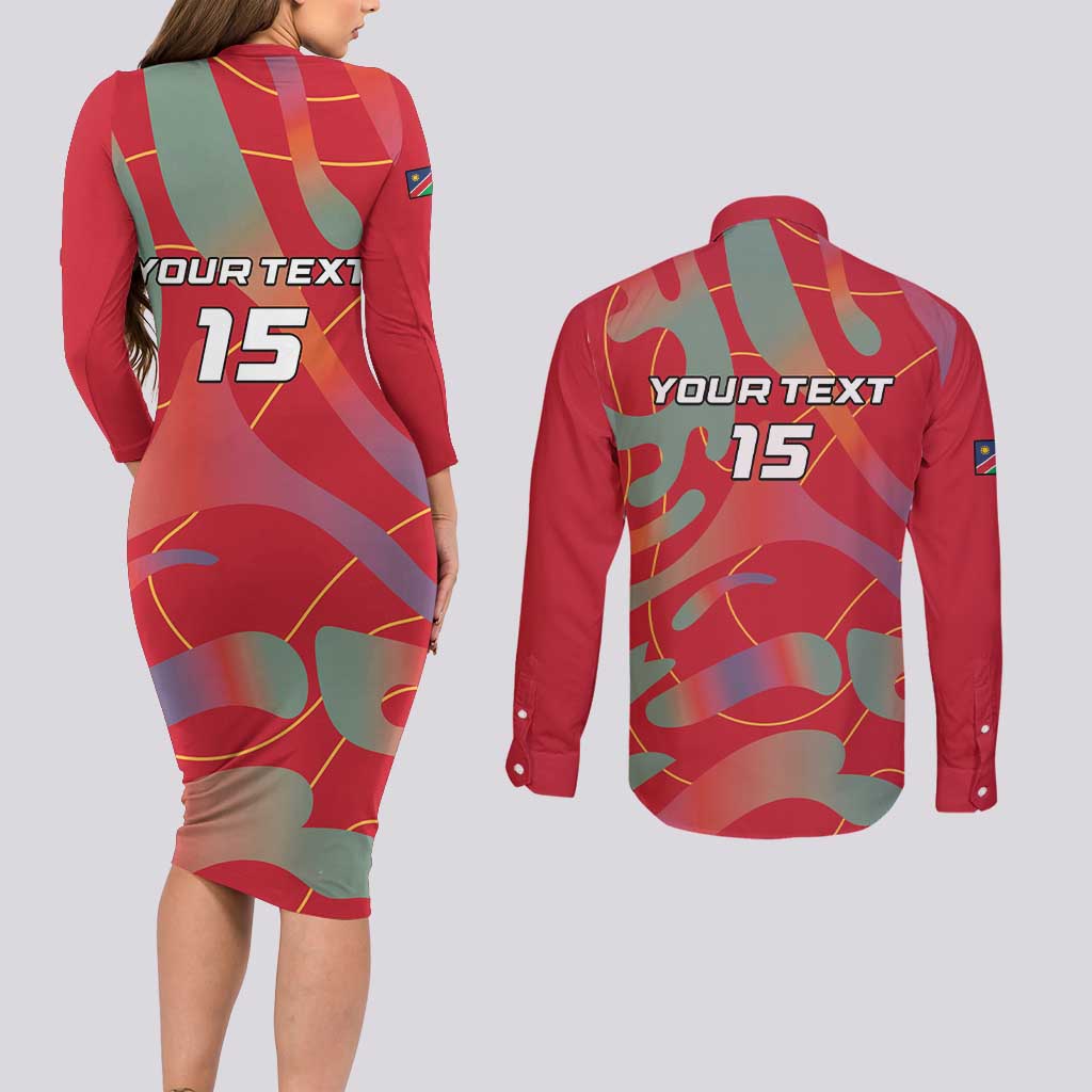 Custom Namibia Football Couples Matching Long Sleeve Bodycon Dress and Long Sleeve Button Shirt Go Namibia Warriors - Wonder Print Shop
